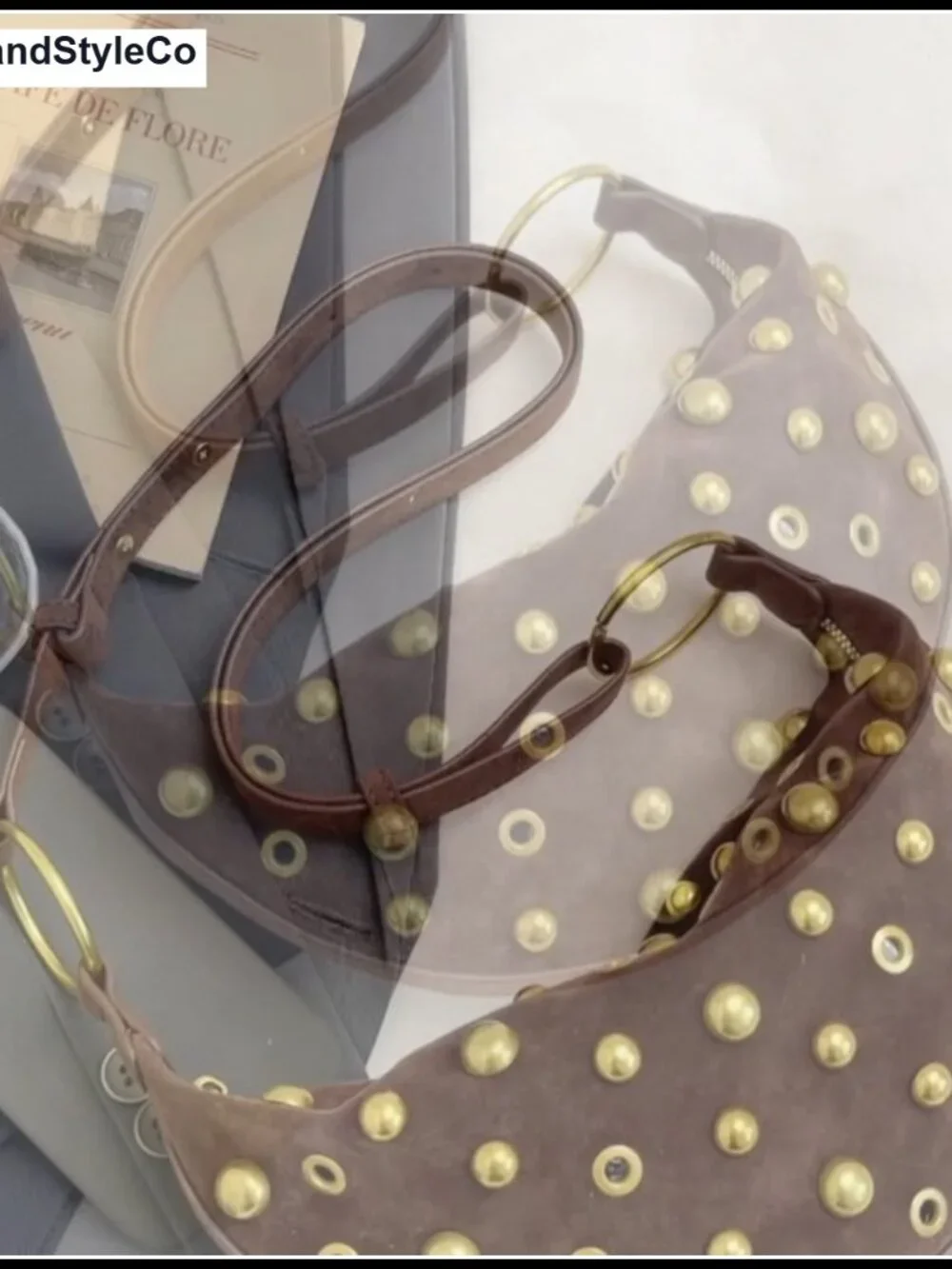 Studded Faux Suede Hobo Bag Adjustable Strap Shoulder Crossbody